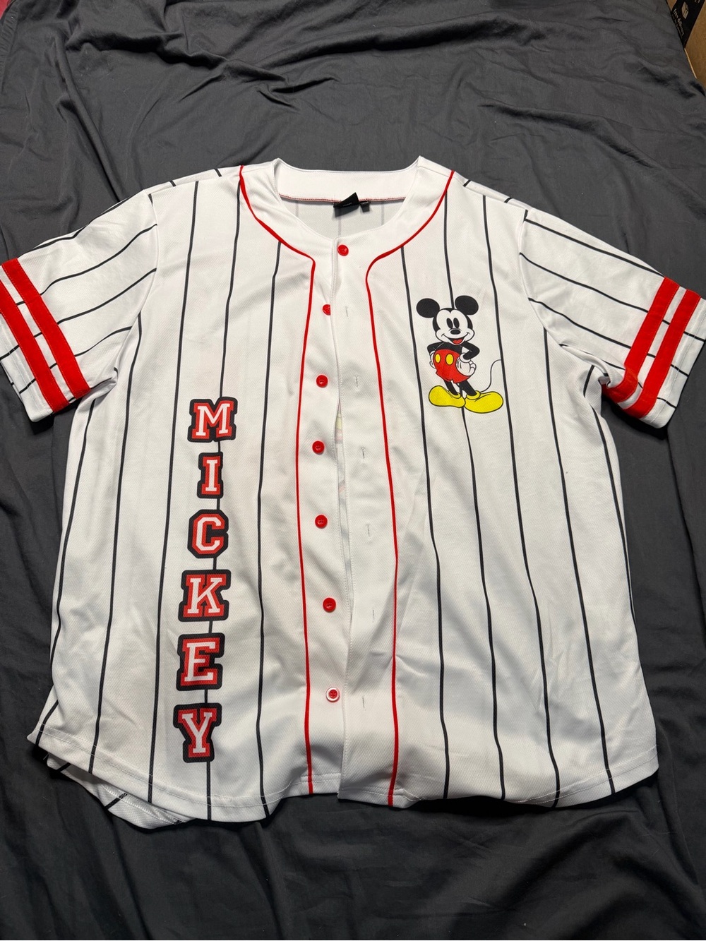 Disney White Pinstripe Mickey Baseball Jersey with Red Trim and Yellow Accent